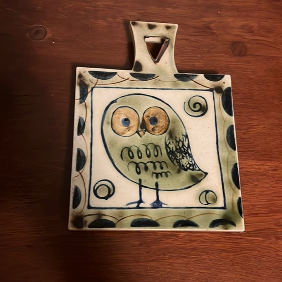 Vintage Art Pottery Owl Footed Trivet 1970s Decor Kitchen Mod Green Blue 5.5x7.5 - Picture 1 of 5